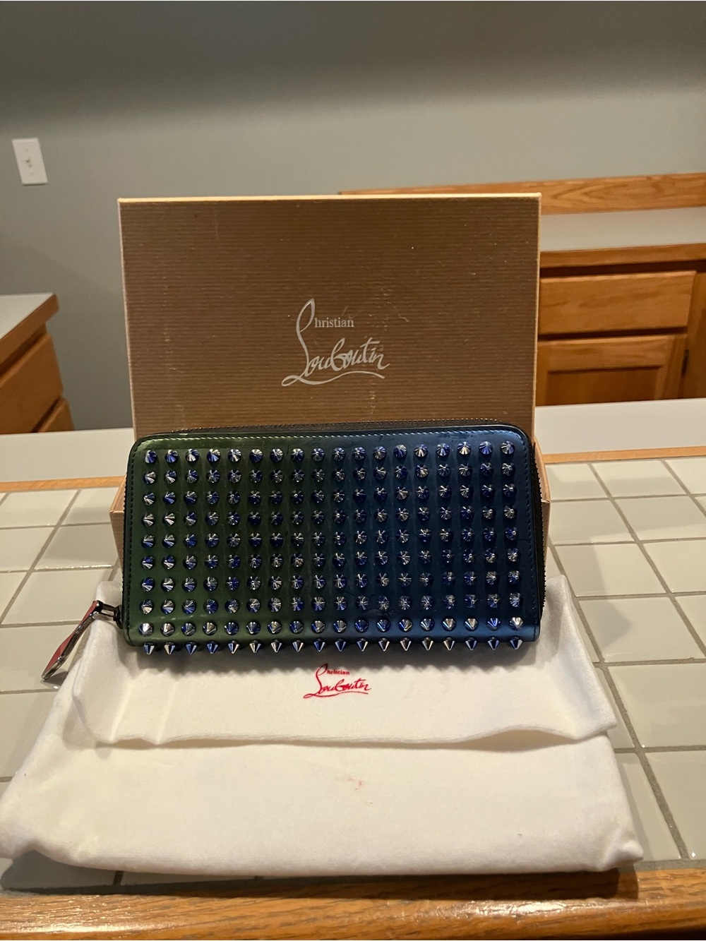 Christian Louboutin Green to Blue Studded Zip Wallet
